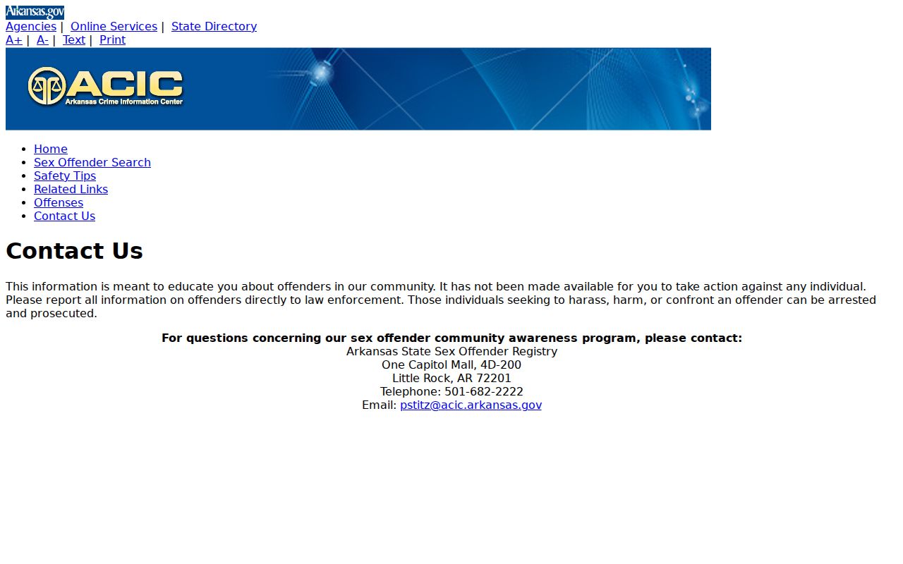ACIC sex offender registry contact and public misuse warning