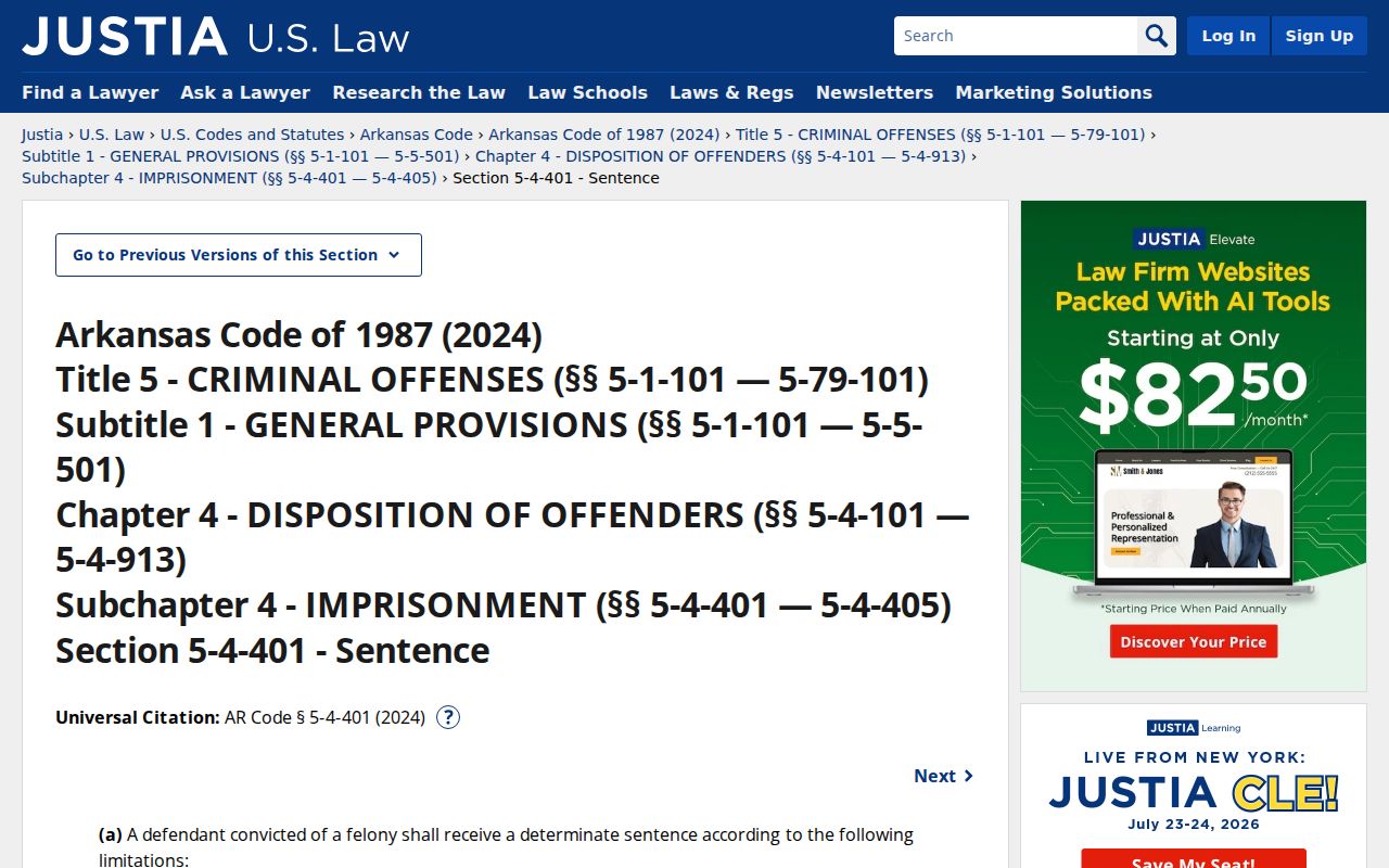 Arkansas Code incarceration ranges for felony and misdemeanor classes