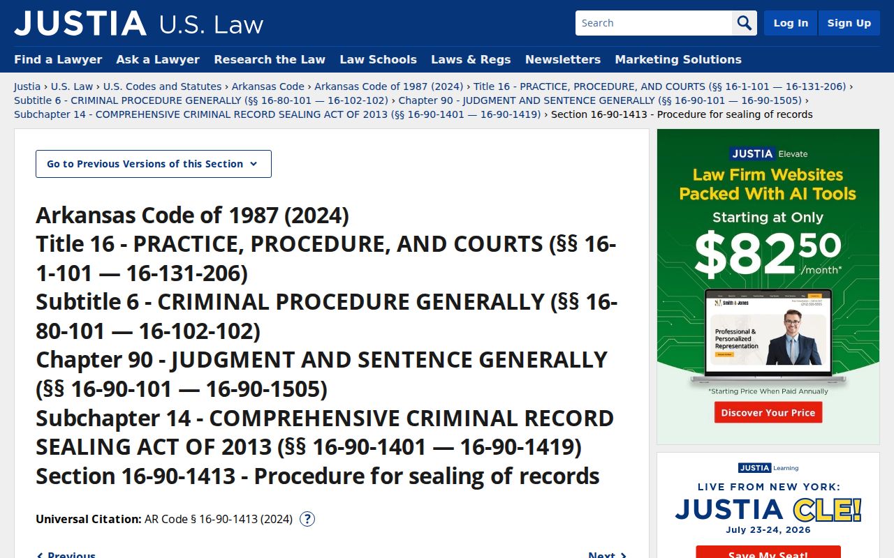 Arkansas statute for filing a petition to seal a criminal record
